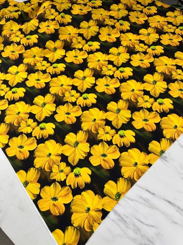 Sarı Geranium Desen Elbiselik Gömleklik Krep Kumaş