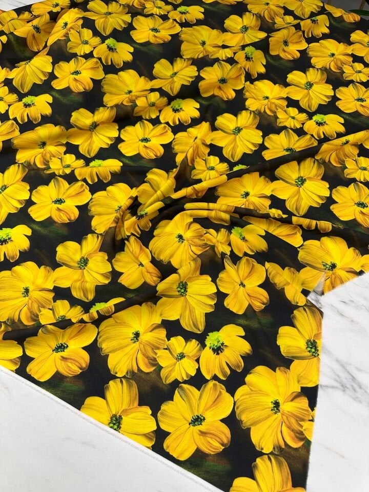 Sarı Geranium Desen Elbiselik Gömleklik Krep Kumaş