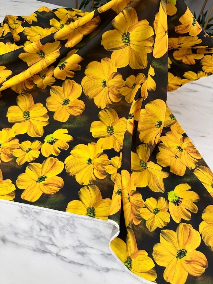 Sarı Geranium Desen Elbiselik Gömleklik Krep Kumaş