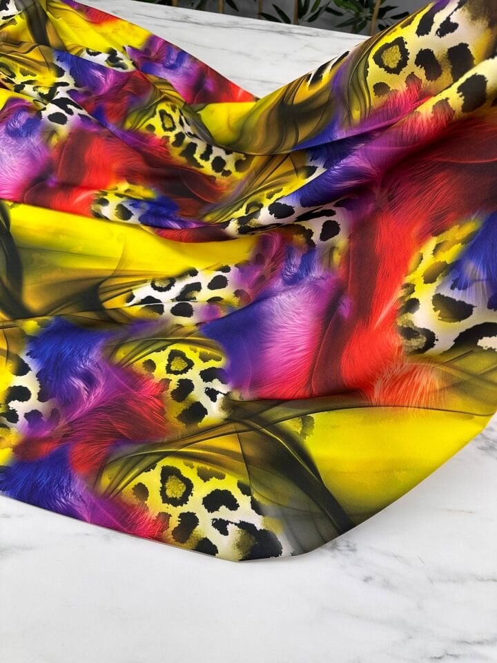 Renkli Leopar Desen Elbiselik Gömleklik Krep Kumaş