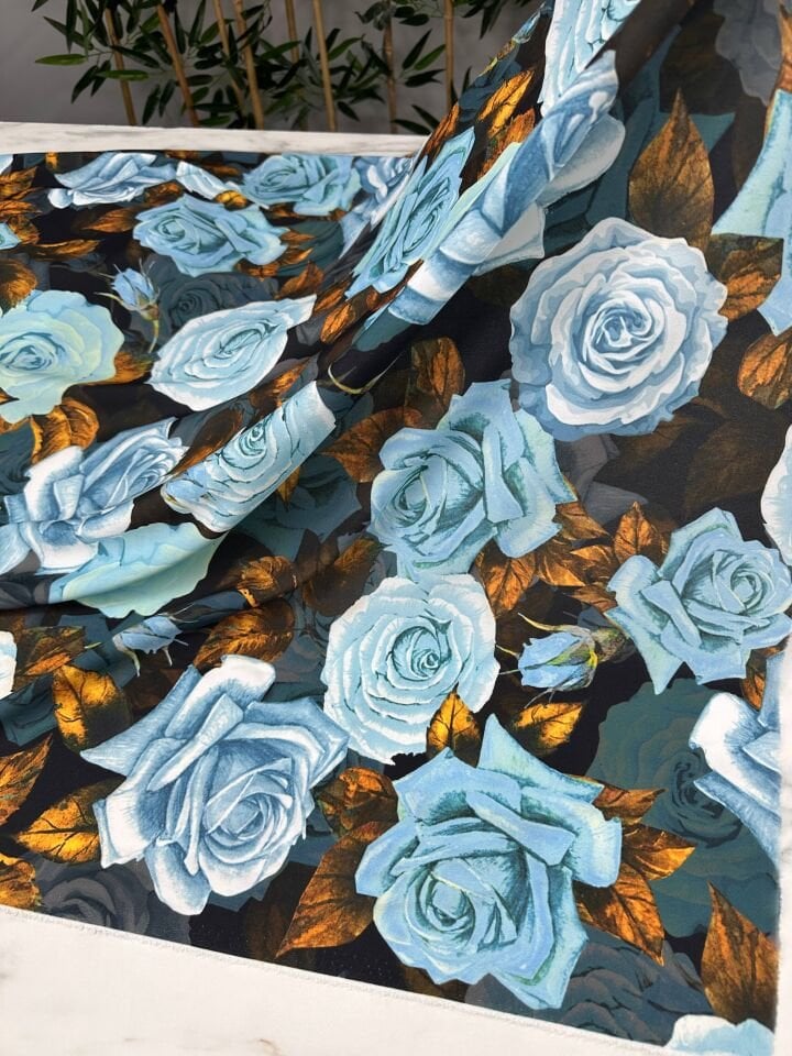 Mavi Gül Desen Elbiselik Gömleklik Krep Kumaş