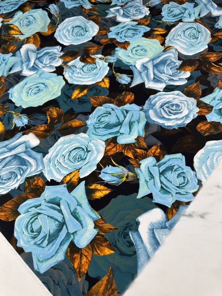 Mavi Gül Desen Elbiselik Gömleklik Krep Kumaş