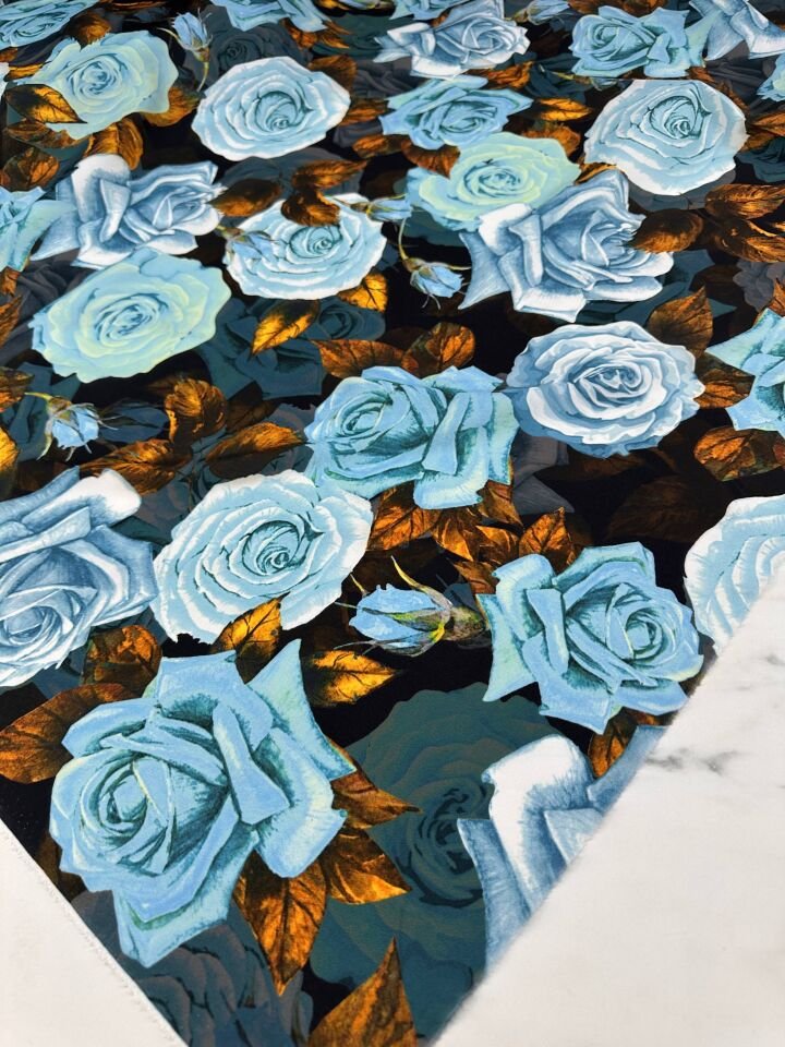 Mavi Gül Desen Elbiselik Gömleklik Krep Kumaş