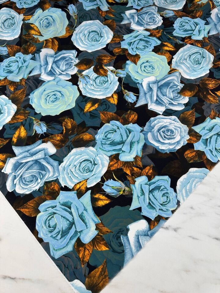 Mavi Gül Desen Elbiselik Gömleklik Krep Kumaş