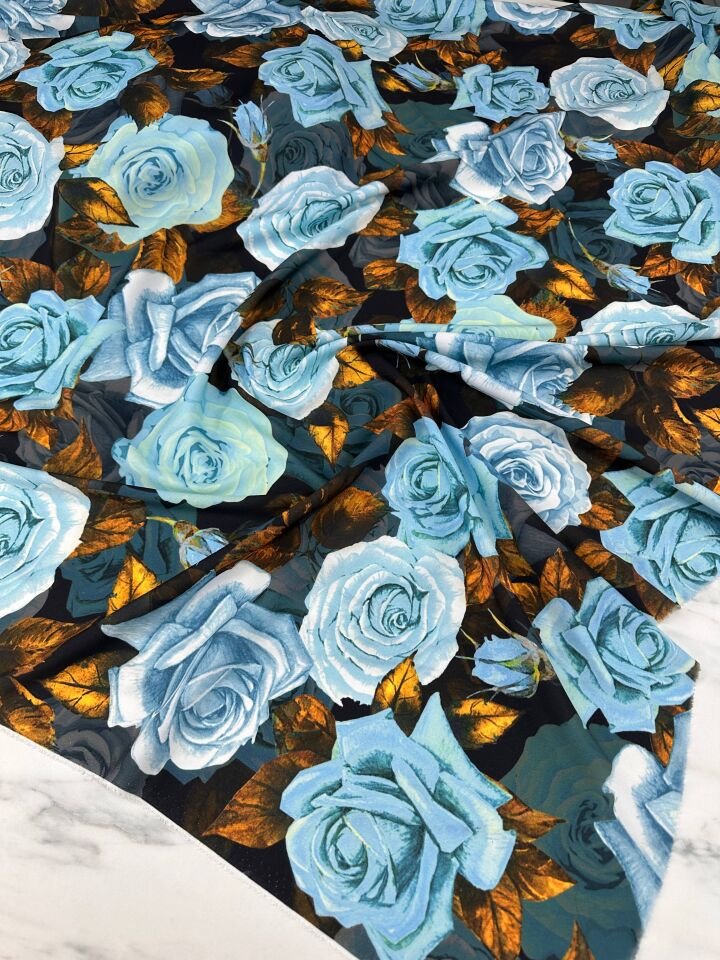 Mavi Gül Desen Elbiselik Gömleklik Krep Kumaş