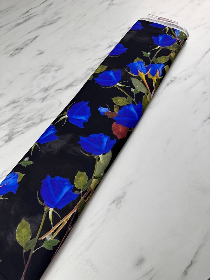 Lacivert Gül Desen Elbiselik Gömleklik Krep Kumaş