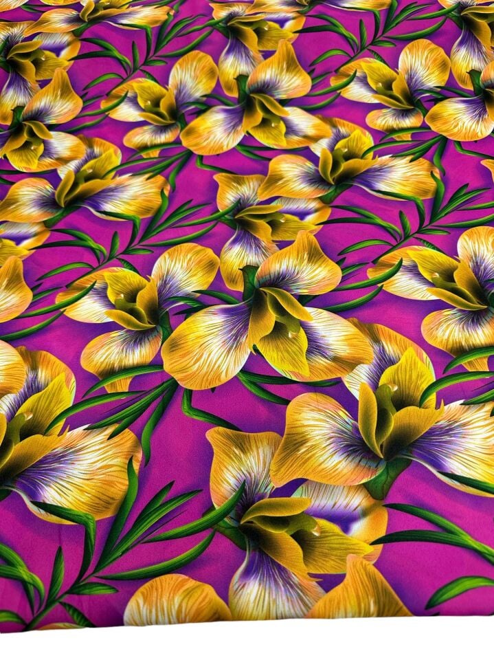 Sarı Çiçek Desen Elbiselik Gömleklik Krep Kumaş