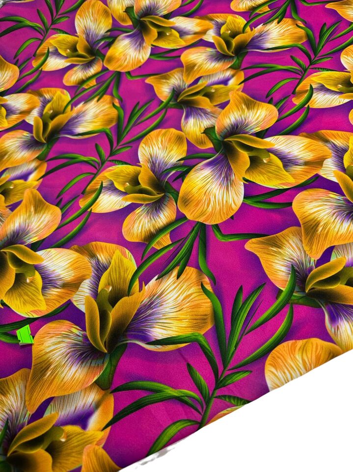 Sarı Çiçek Desen Elbiselik Gömleklik Krep Kumaş