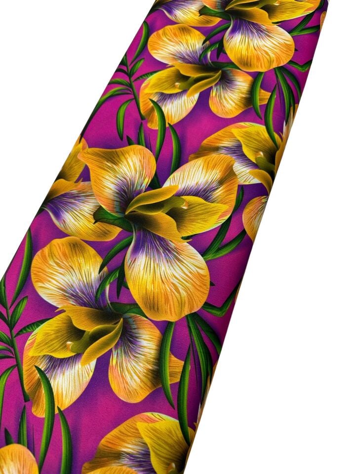 Sarı Çiçek Desen Elbiselik Gömleklik Krep Kumaş