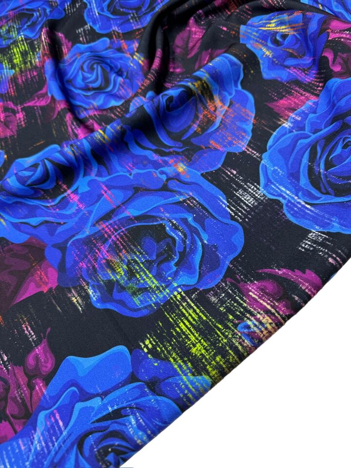 Lacivert Gül Desen Elbiselik Gömleklik Krep Kumaş