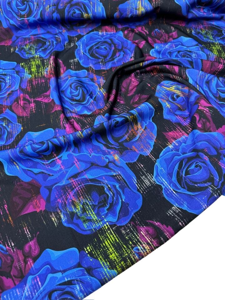 Lacivert Gül Desen Elbiselik Gömleklik Krep Kumaş