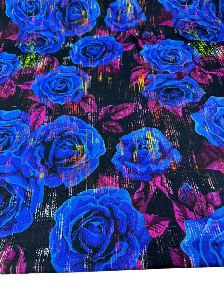 Lacivert Gül Desen Elbiselik Gömleklik Krep Kumaş