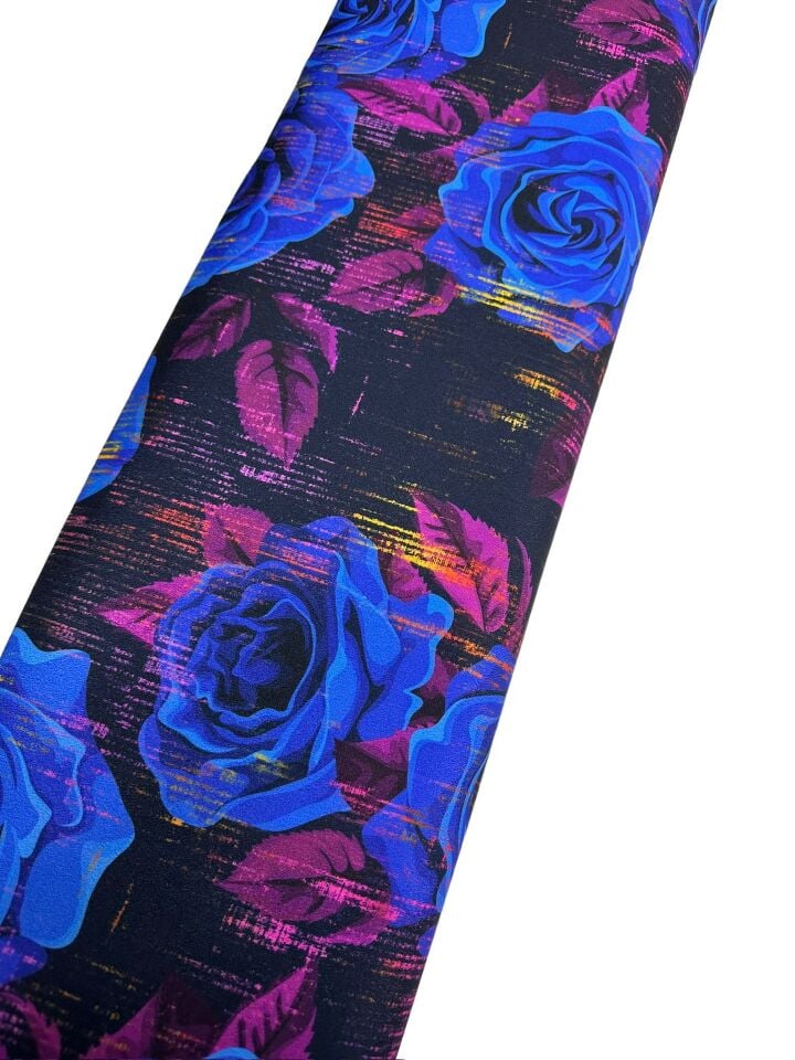 Lacivert Gül Desen Elbiselik Gömleklik Krep Kumaş