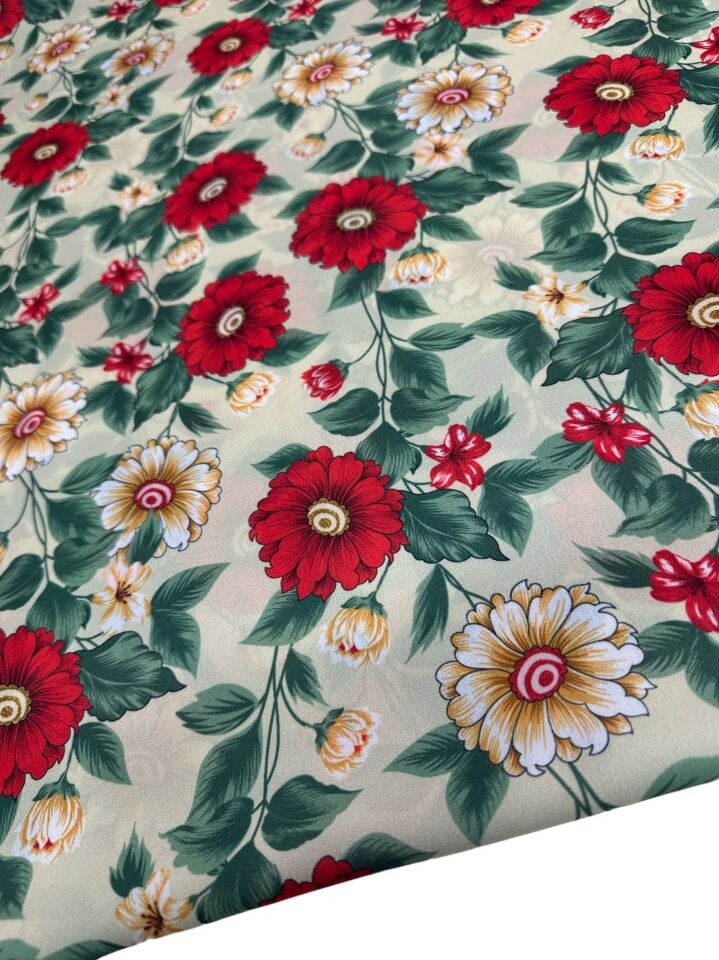 Kırmızı Geranium Desen Elbiselik Gömleklik Krep Kumaş