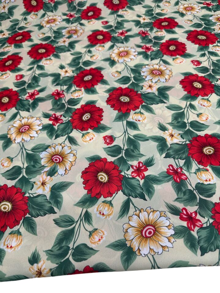 Kırmızı Geranium Desen Elbiselik Gömleklik Krep Kumaş