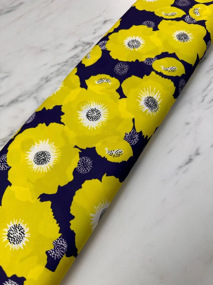 Sarı Geranium Desen Elbiselik Gömleklik Krep Kumaş