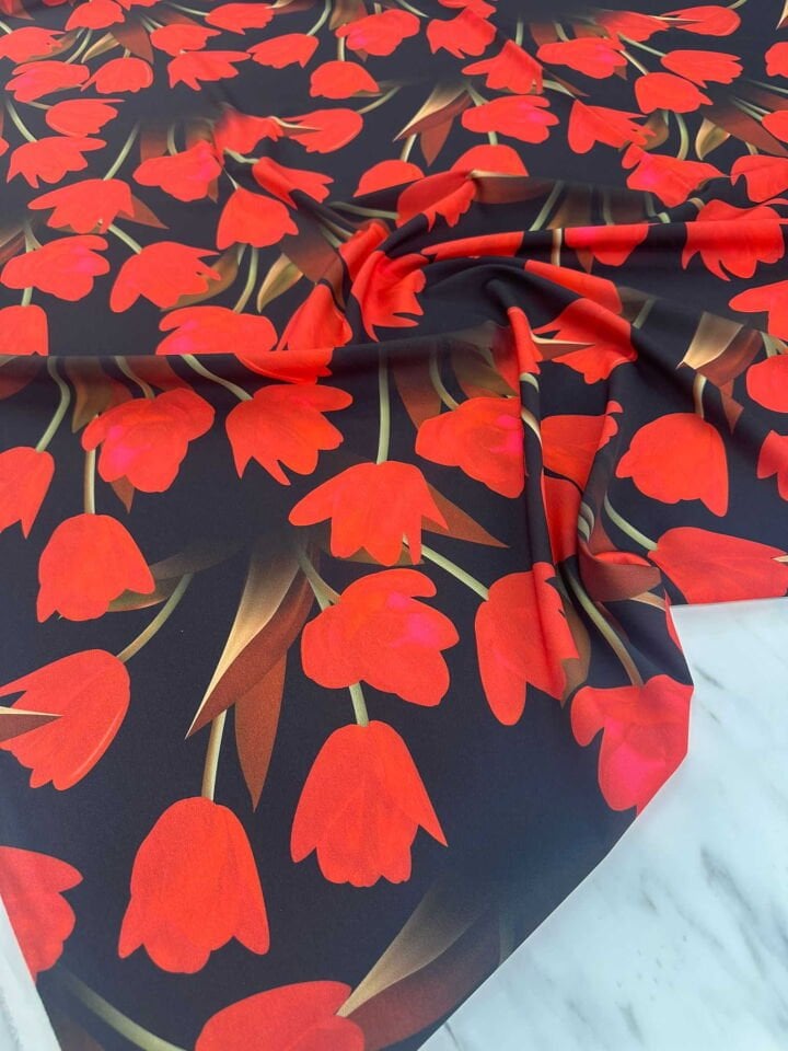 Kırmızı Gül Desen Krep Kumaş Elbise Etek Gömlek Şalvar