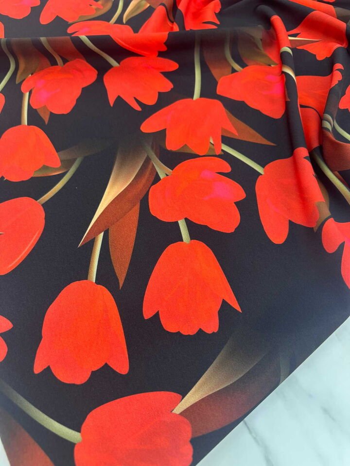 Kırmızı Gül Desen Krep Kumaş Elbise Etek Gömlek Şalvar