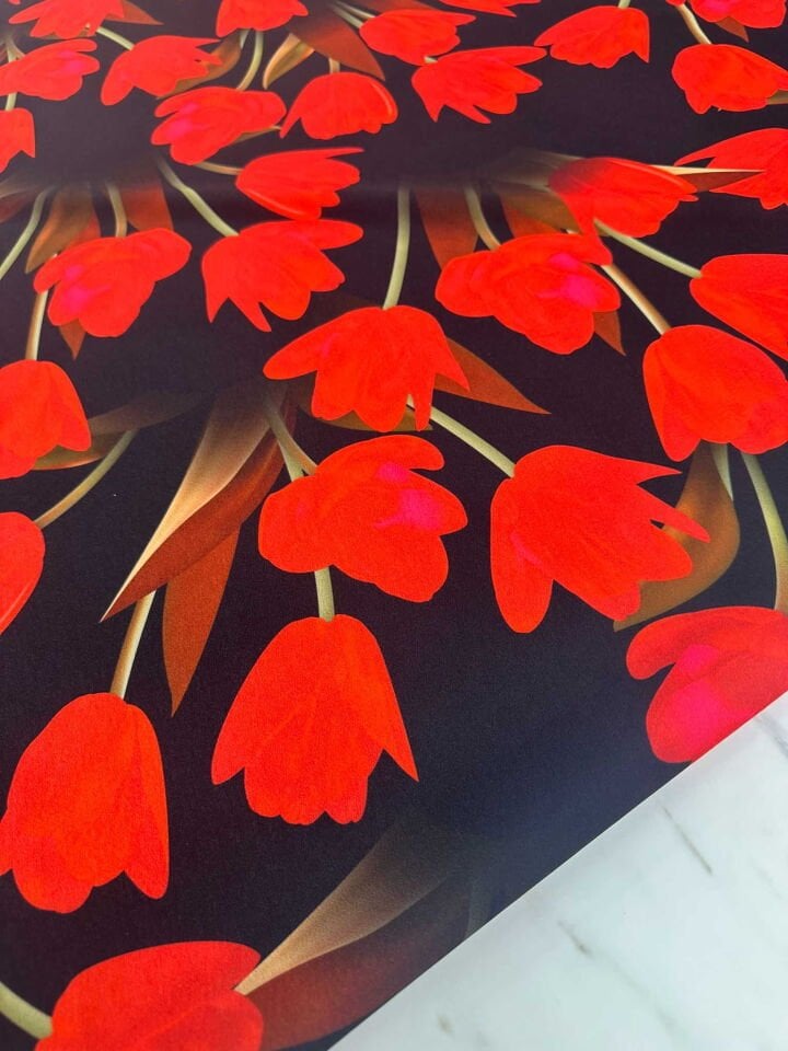 Kırmızı Gül Desen Krep Kumaş Elbise Etek Gömlek Şalvar