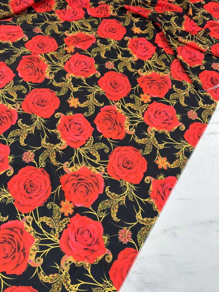Kırmızı Saray Çiçegi Desen Dijital Baskı Krep Kumaş