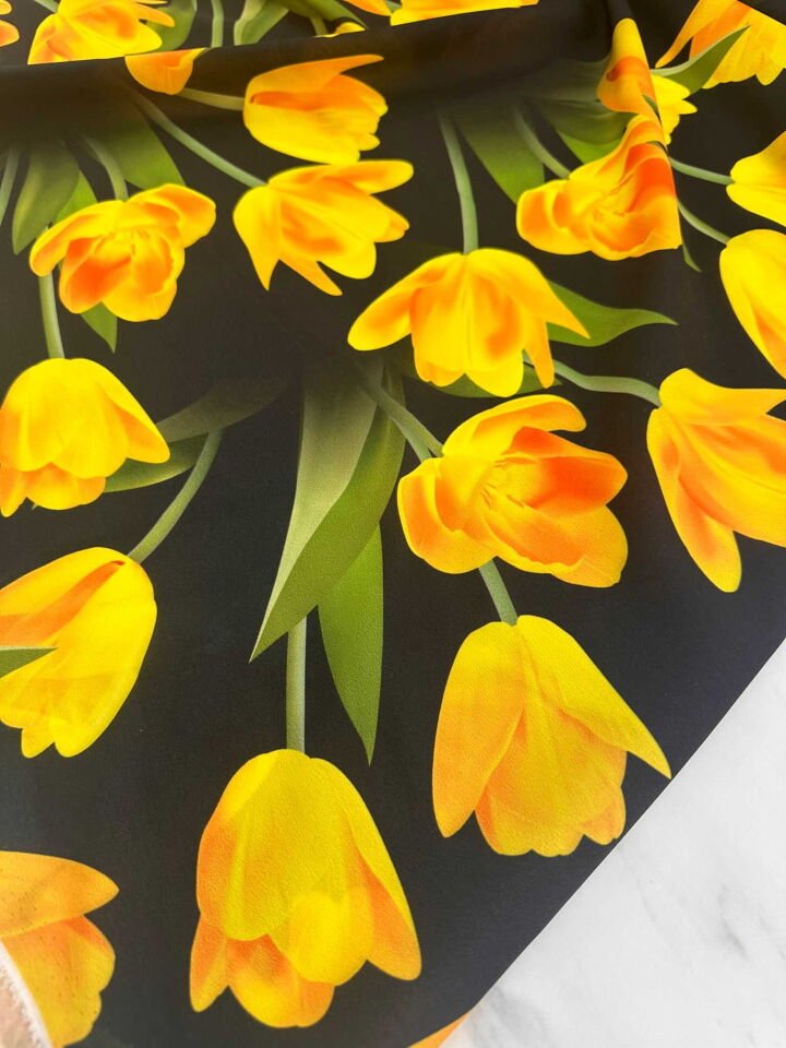 Sarı Gül Desen Krep Kumaş Elbise Etek Gömlek Şalvar