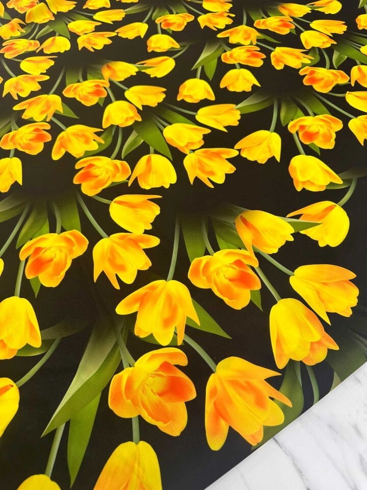 Sarı Gül Desen Krep Kumaş Elbise Etek Gömlek Şalvar