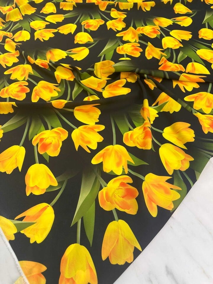 Sarı Gül Desen Krep Kumaş Elbise Etek Gömlek Şalvar