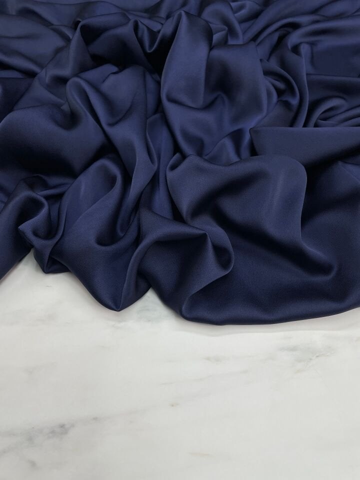 Lacivert Düz Elbiselik İpek Saten Kumaş
