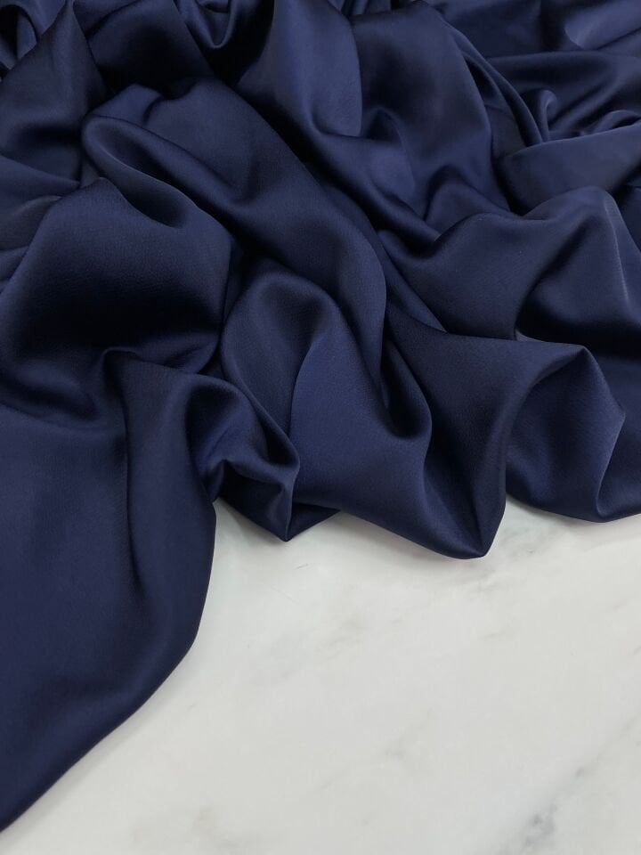 Lacivert Düz Elbiselik İpek Saten Kumaş