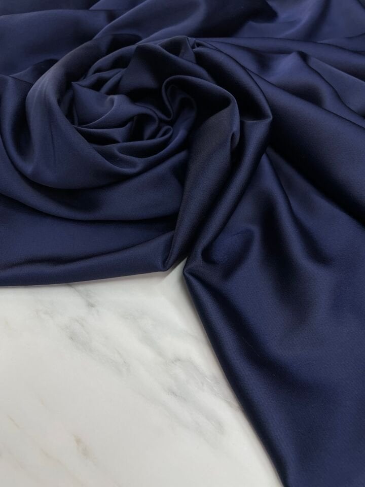 Lacivert Düz Elbiselik İpek Saten Kumaş