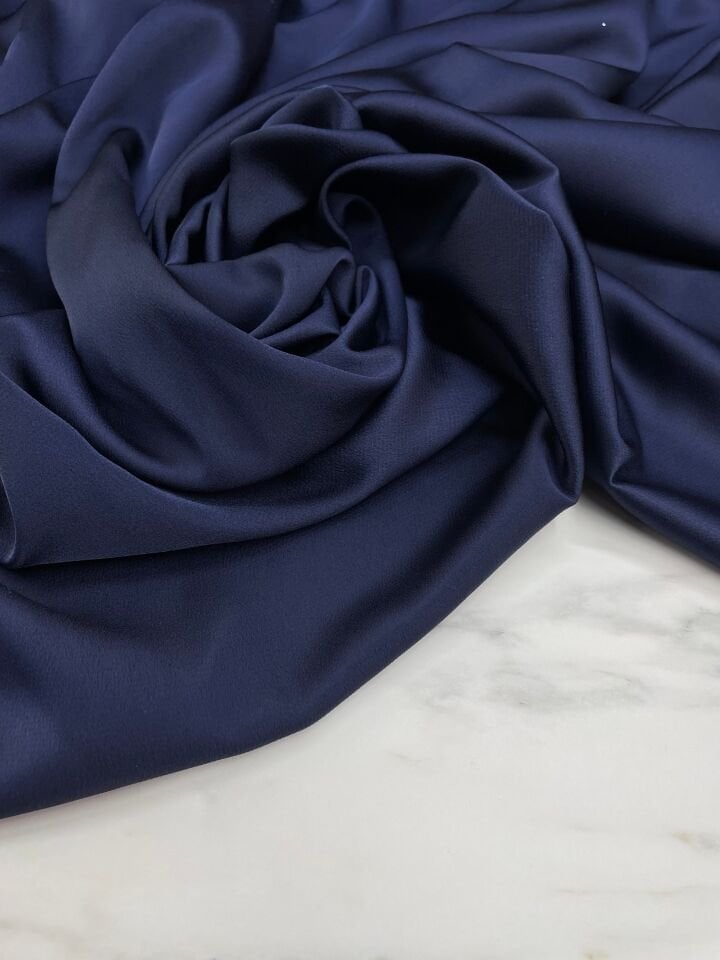 Lacivert Düz Elbiselik İpek Saten Kumaş