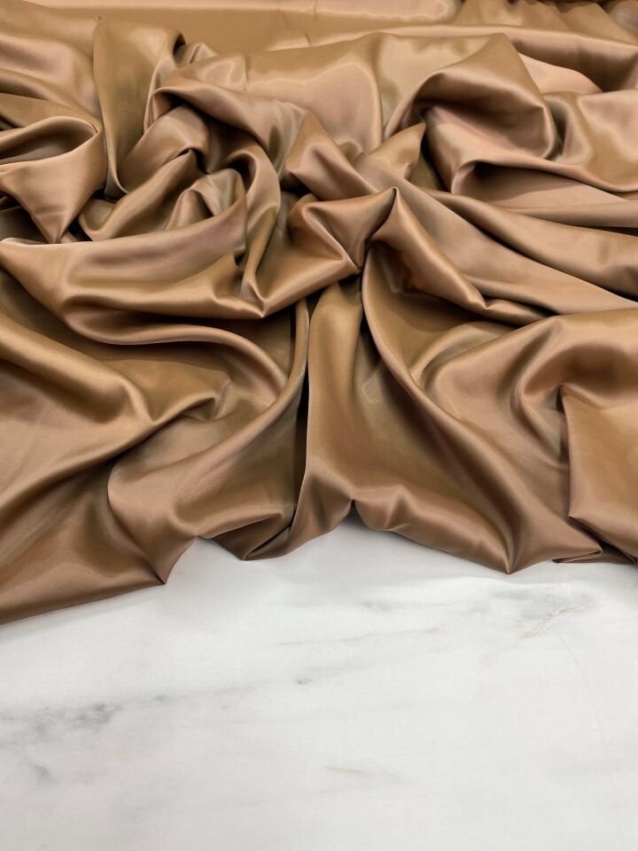 Kahverengi Düz Elbiselik İpek Saten Kumaş
