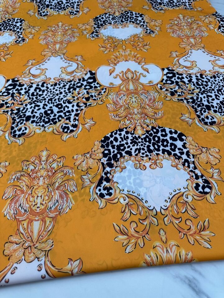 Sarı Verona Desen Elbiselik Gömleklik Krep Kumaş