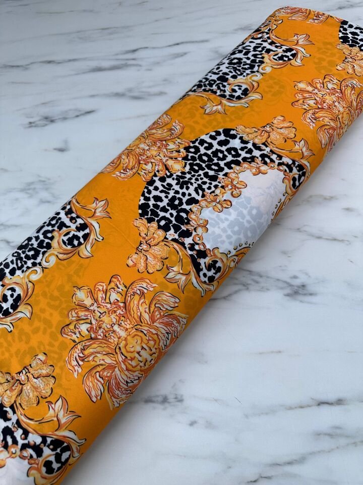 Sarı Verona Desen Elbiselik Gömleklik Krep Kumaş