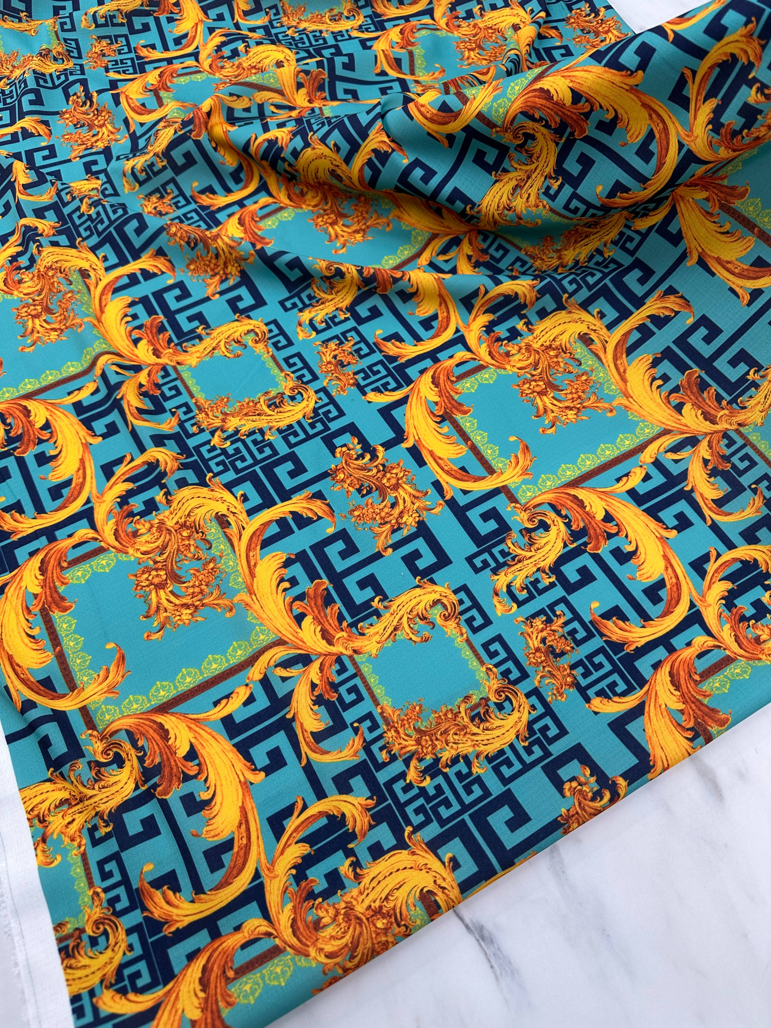 Mavi Verona Desen Elbiselik Gömleklik Krep Kumaş