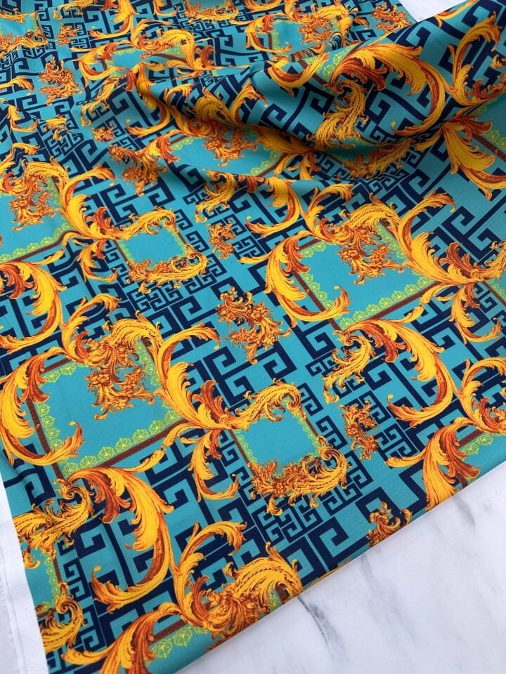 Mavi Verona Desen Elbiselik Gömleklik Krep Kumaş