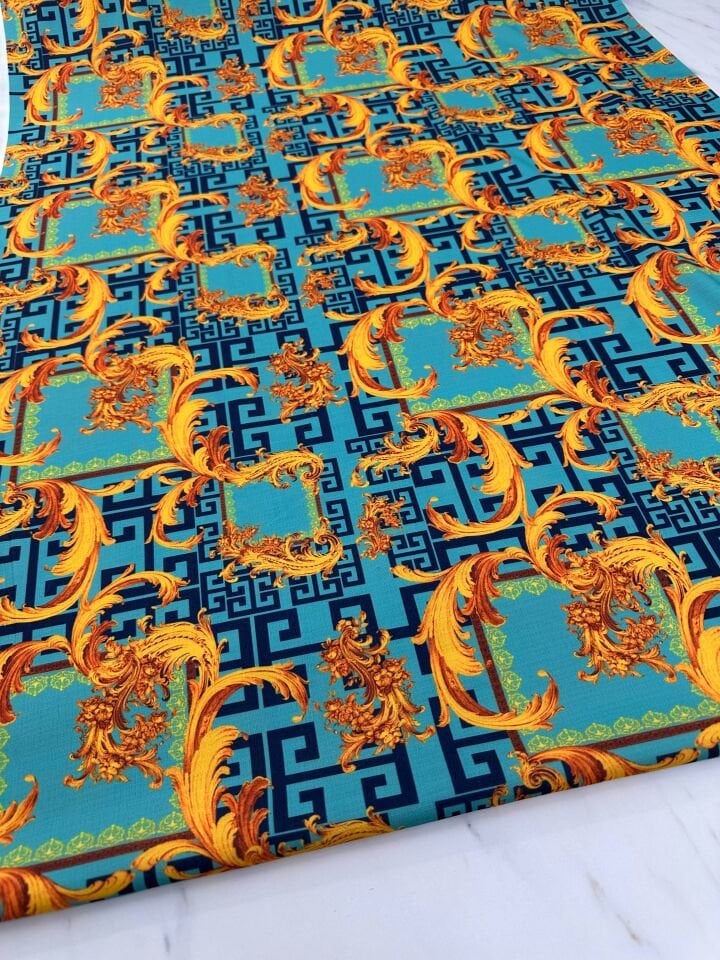 Mavi Verona Desen Elbiselik Gömleklik Krep Kumaş