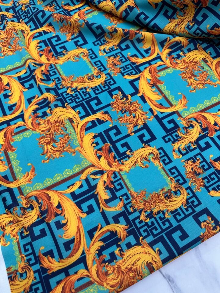 Mavi Verona Desen Elbiselik Gömleklik Krep Kumaş