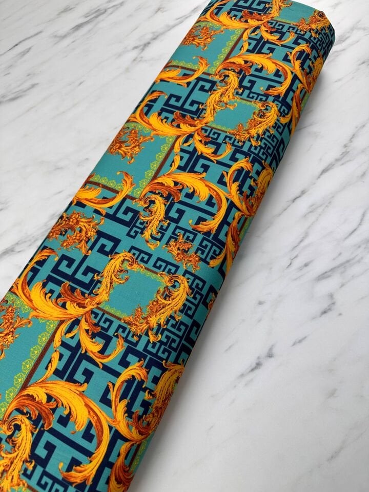 Mavi Verona Desen Elbiselik Gömleklik Krep Kumaş