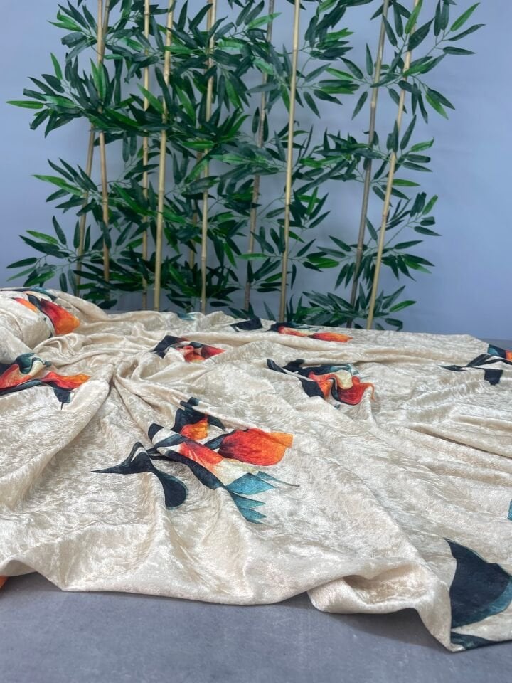 Mİlo Çiçegi Desen Elbiselik Kadife Kumaş