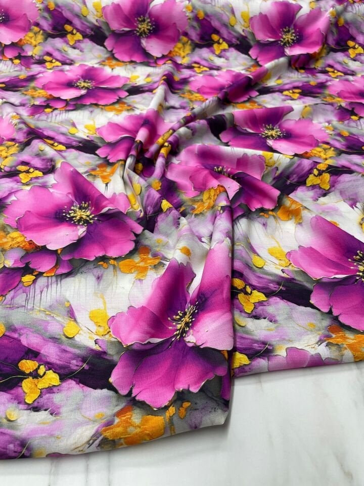 Pembe Geranium Desen Elbiselik Gömleklik Krep Kumaş