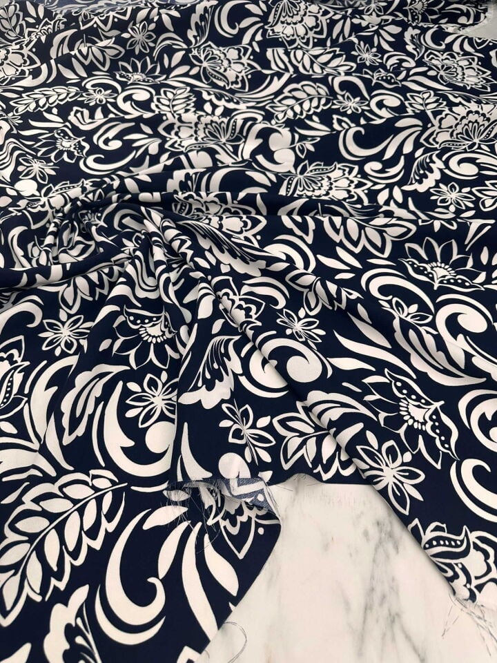 Likralı Lacivert Zemin Toronta Krep Elbise Etek Gömlek Şalvar