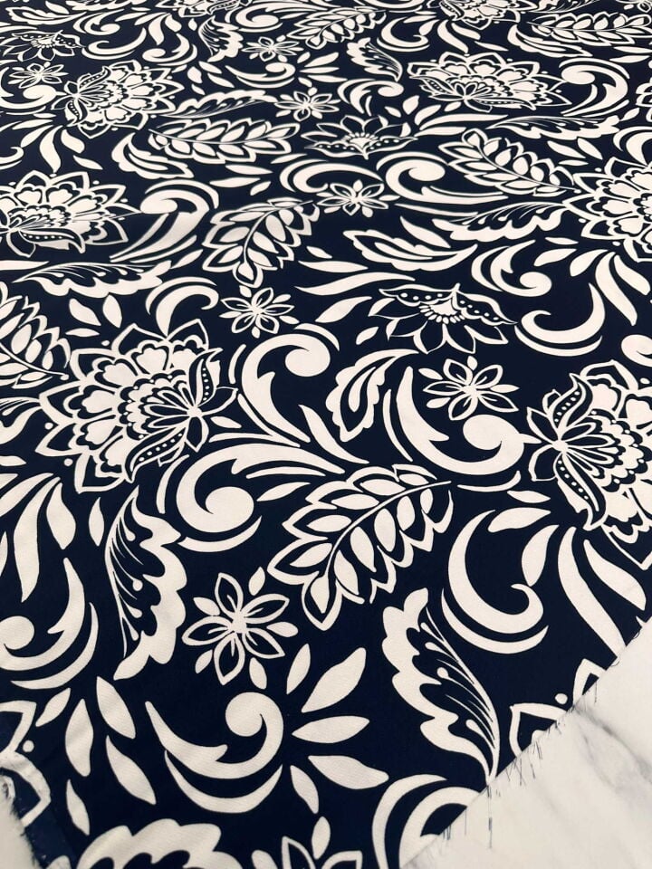 Likralı Lacivert Zemin Toronta Krep Elbise Etek Gömlek Şalvar