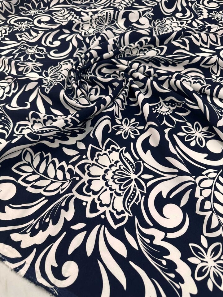 Likralı Lacivert Zemin Toronta Krep Elbise Etek Gömlek Şalvar