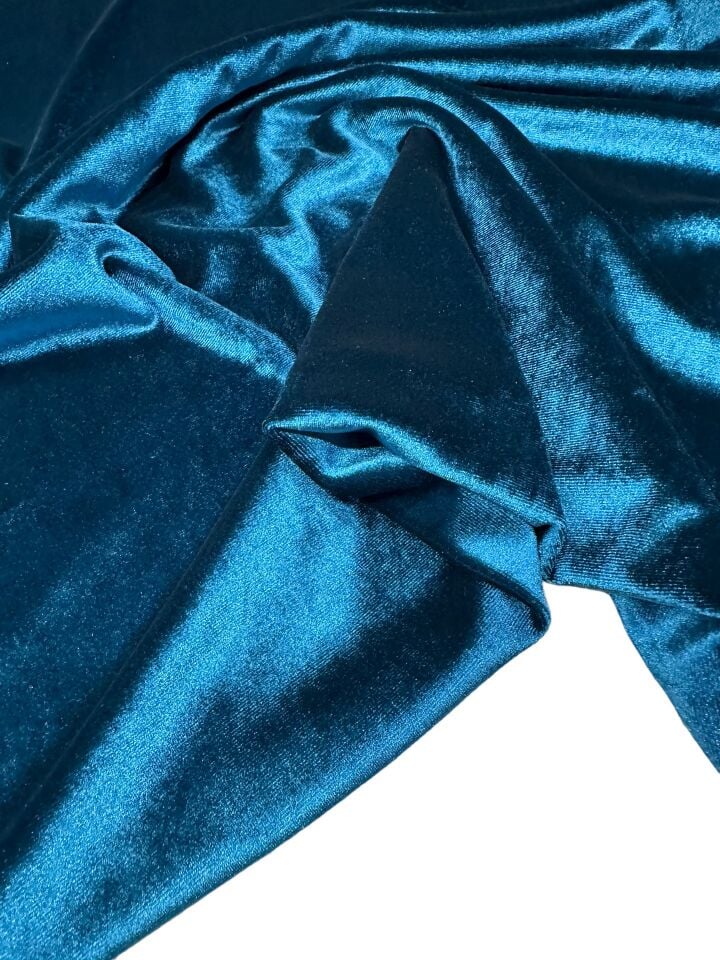 Petrol Mavisi Likralı Elbiselik İpek Kadife