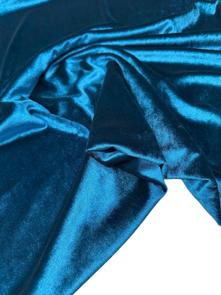 Petrol Mavisi Likralı Elbiselik İpek Kadife