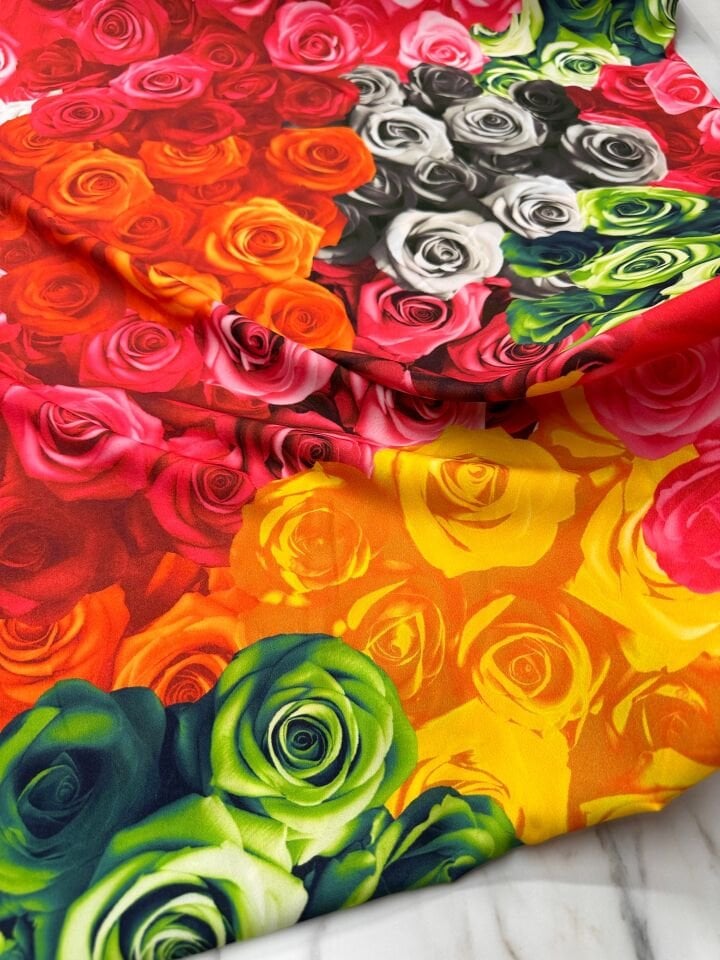 Renkli Gül Desen Elbiselik Gömleklik Krep Kumaş