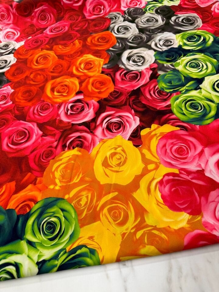 Renkli Gül Desen Elbiselik Gömleklik Krep Kumaş