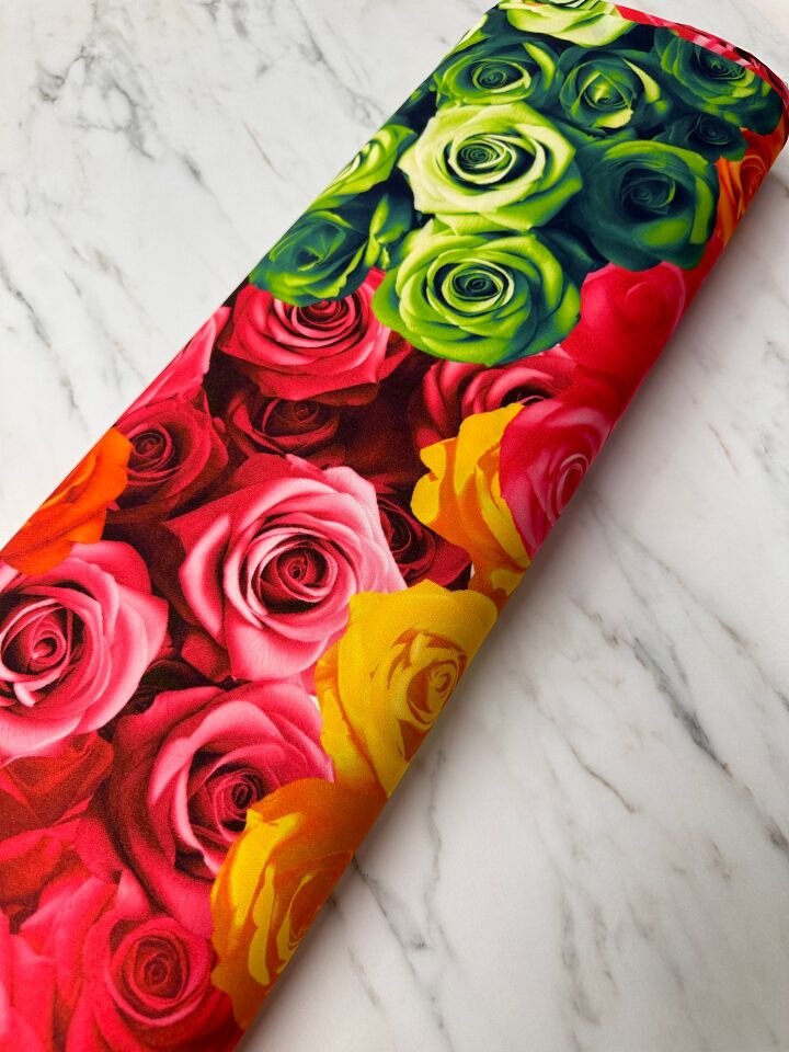 Renkli Gül Desen Elbiselik Gömleklik Krep Kumaş