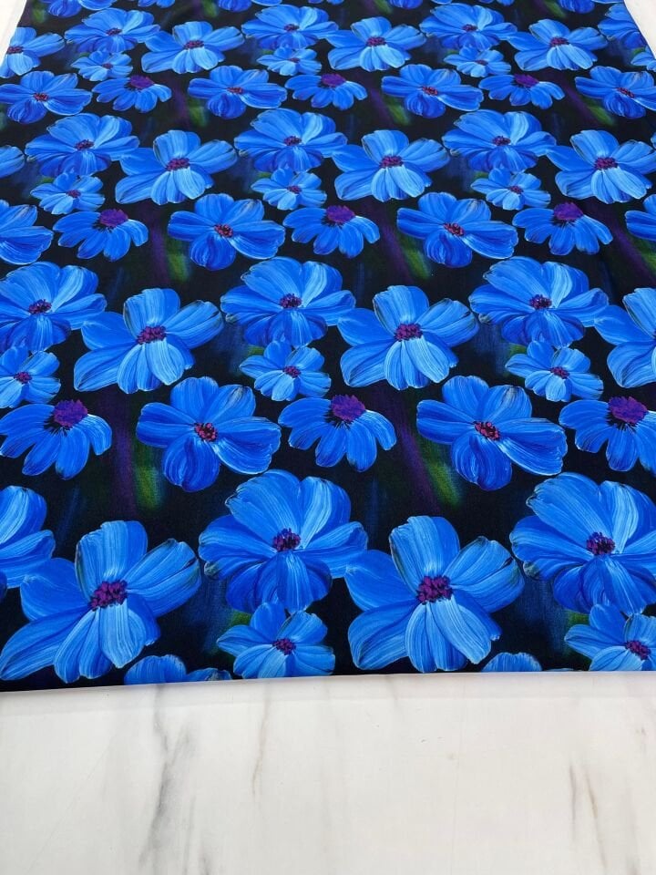 Mavi Geranium Desen Elbiselik Gömleklik Krep Kumaş